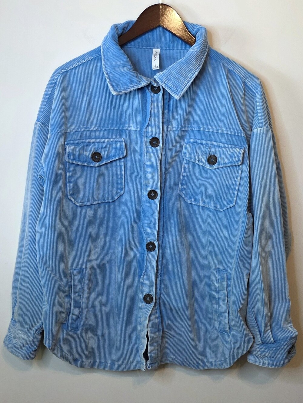 Zenana Corduroy Shacket Light Blue Vintage Wash Size Large Coastal Fall Layering